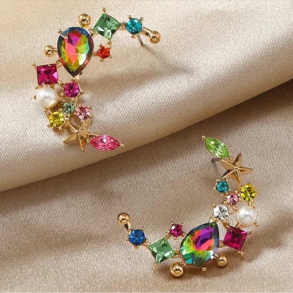 Multicolor rhinestone crescent moon stud Women's Earrings NEW